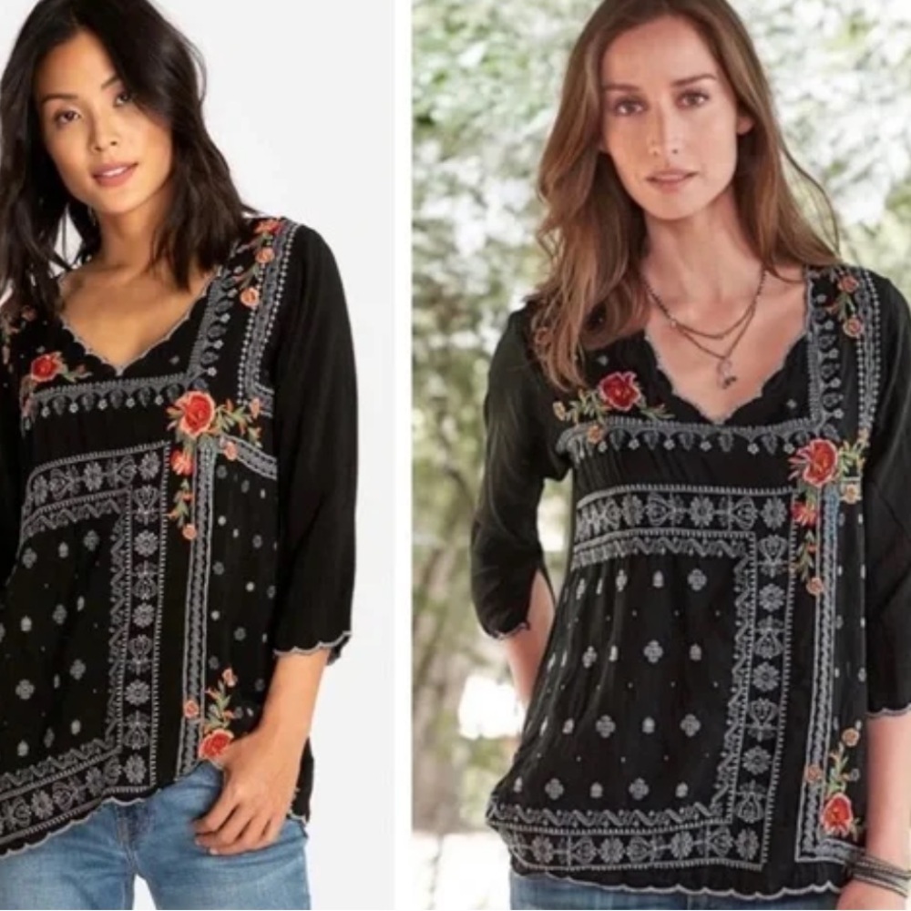 Johnny Was Bennett embroidered black rose blouse